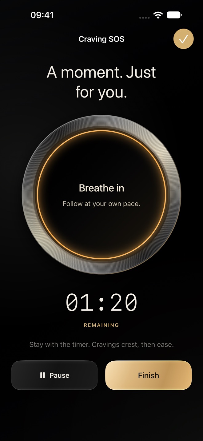 Craving SOS in iQ, with a breathing guide and a short activity timer.